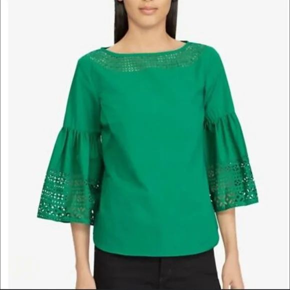 Ralph Lauren S Laser Cut Green Women Top Bell Sleeve Eyelet Blouse Casual Office - Picture 3 of 12
